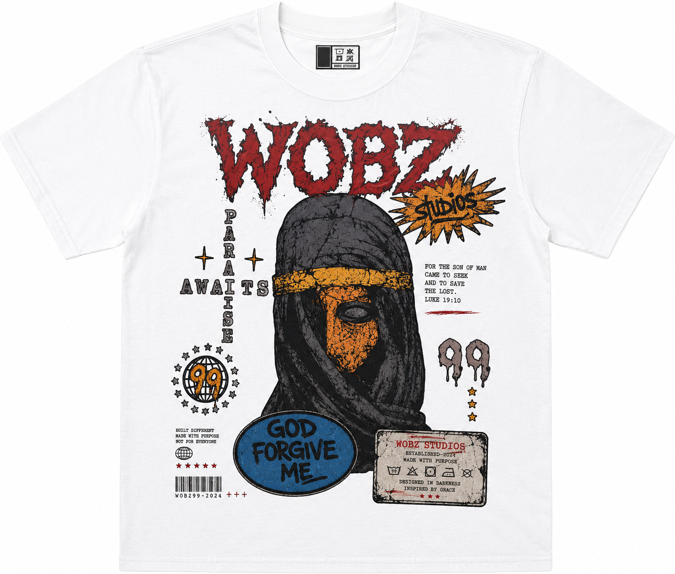WOBZ Paradise Tee in white with bold graphic print featuring veiled figure and scripture