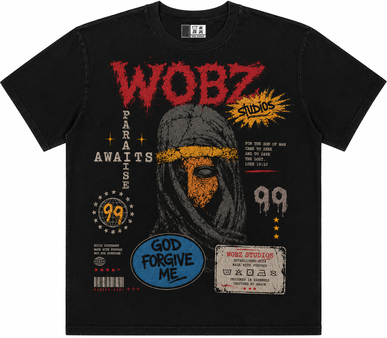 WOBZ Paradise Tee in washed black with bold graphic print featuring veiled figure and scripture