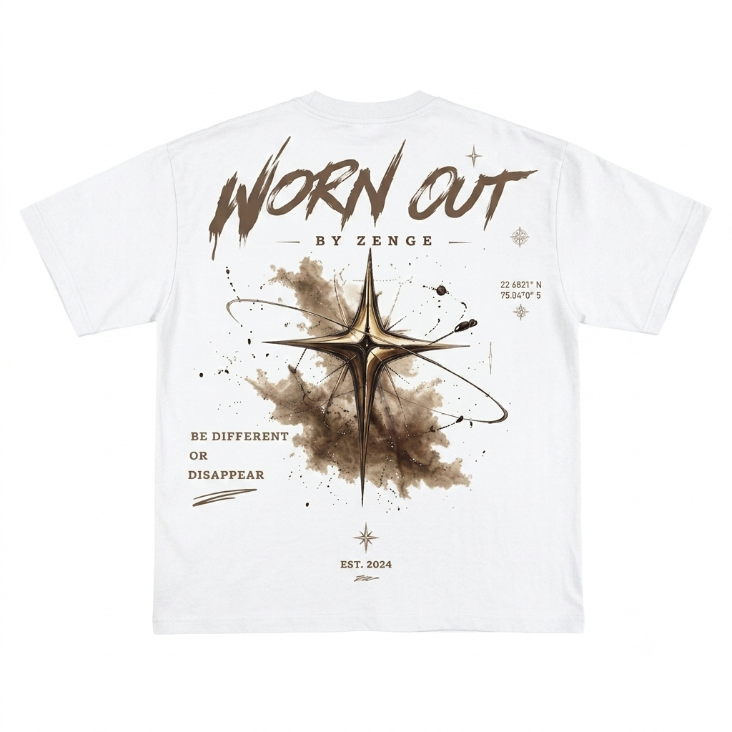Not Built To Blend Tee – back view with Worn Out by Zenge compass graphic