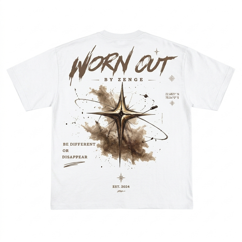 Not Built To Blend Tee – back view with Worn Out by Zenge compass graphic