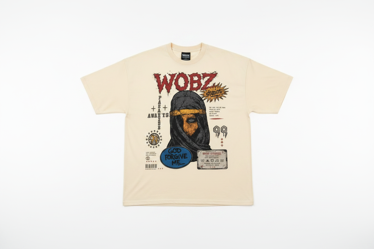 WOBZ Paradise Tee in cream with bold graphic print featuring veiled figure and scripture