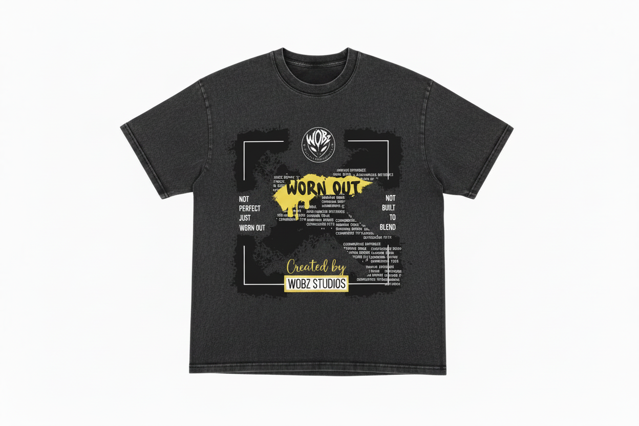 Worn Out Tee in charcoal grey with bold WOBZ Studios graphic print