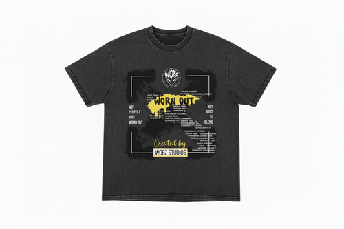 Worn Out Tee in charcoal grey with bold WOBZ Studios graphic print